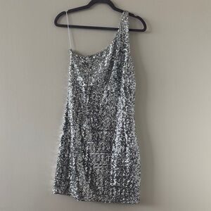 Michael Kors Collection Silver Sequin One-Shoulder Dress